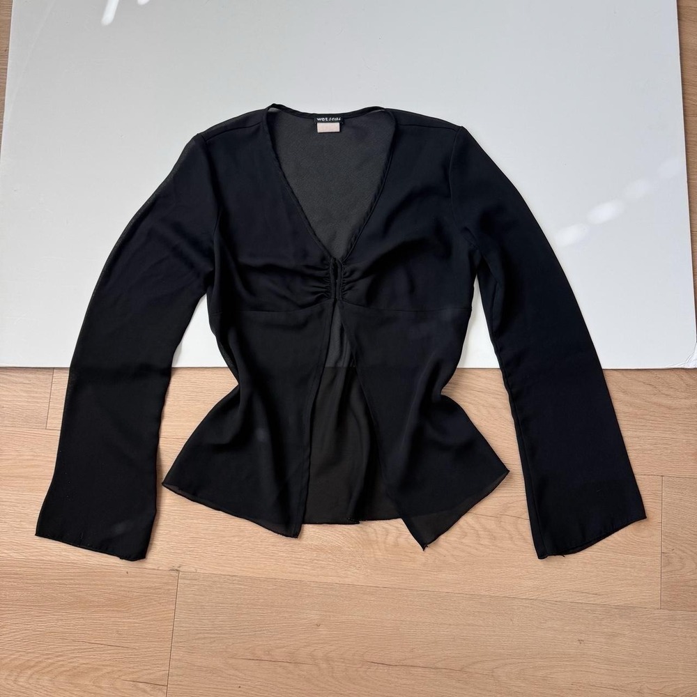 Y2K Wet Seal Black Chiffon Sheer Blouse Medium Open Front Concept Bell Sleeves